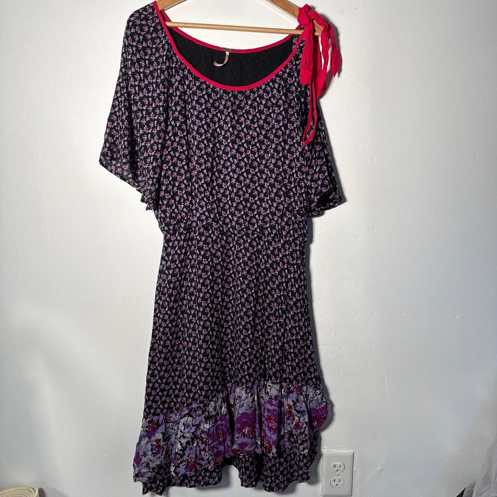 Free People Floral Boho Fairy Mini Dress Black Purple Pink‎ Mixed Print Medium